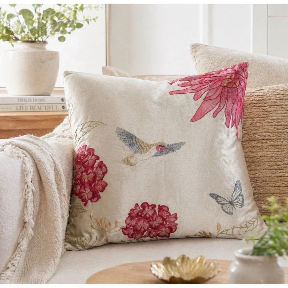 Vintage Satin Embroidered Floral Hummingbird Cottagecore Accent Pillow 17